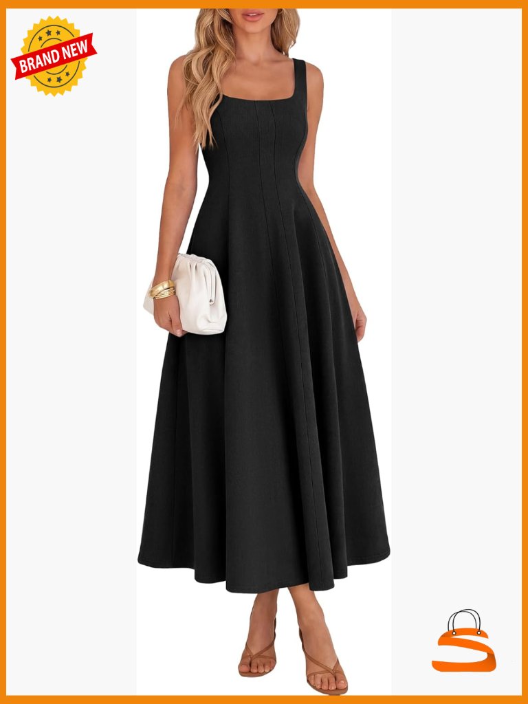 Elegant Square Neck Sleeveless A-Line Maxi Dress With Pockets